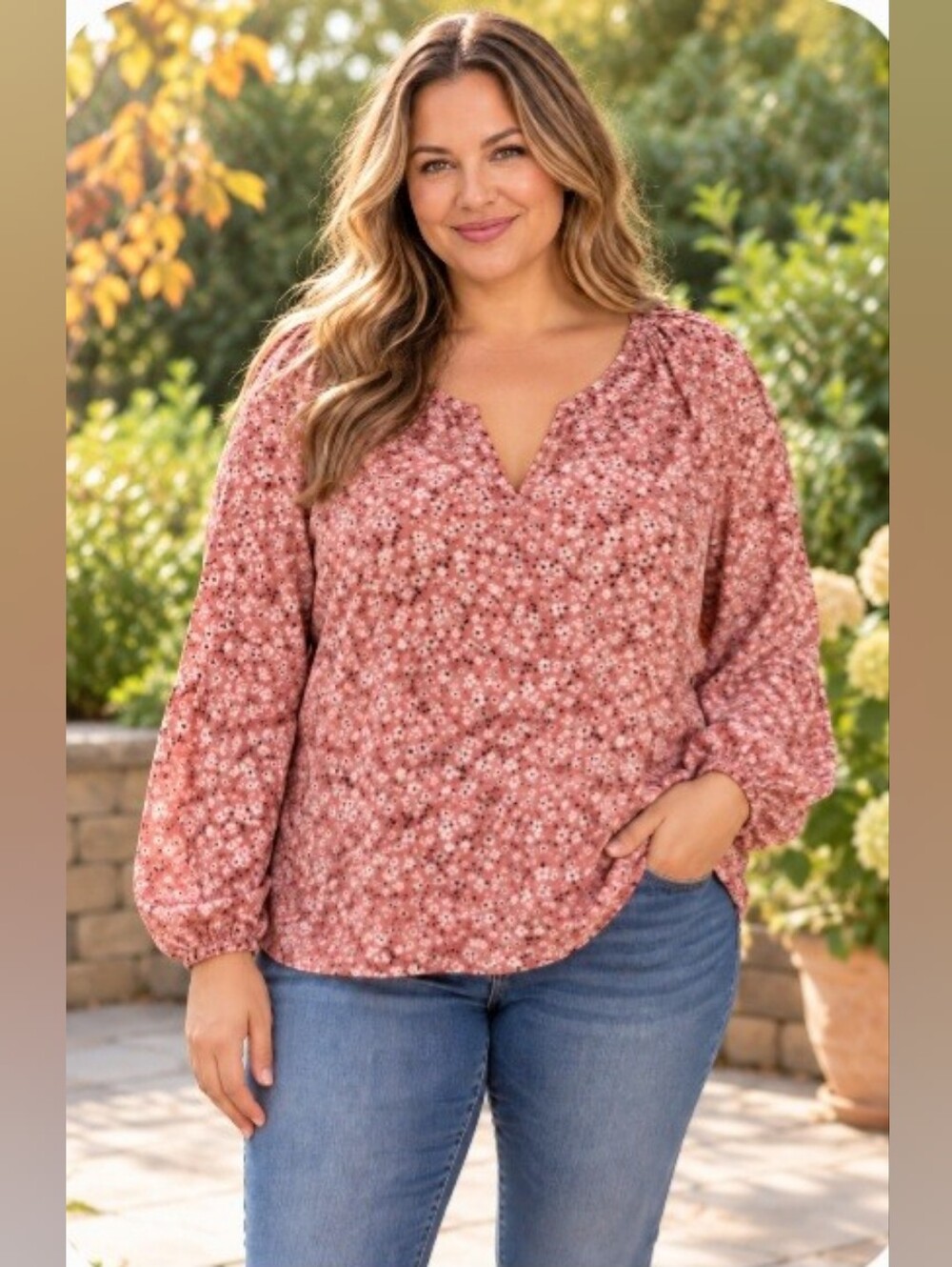 Time and Tru Pink White Daisy Floral Long Sleeve Blouse Large Cottagecore